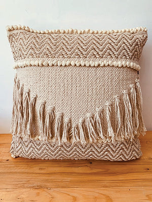 Ecru Textured neutral tasselled cushion cover  45*45