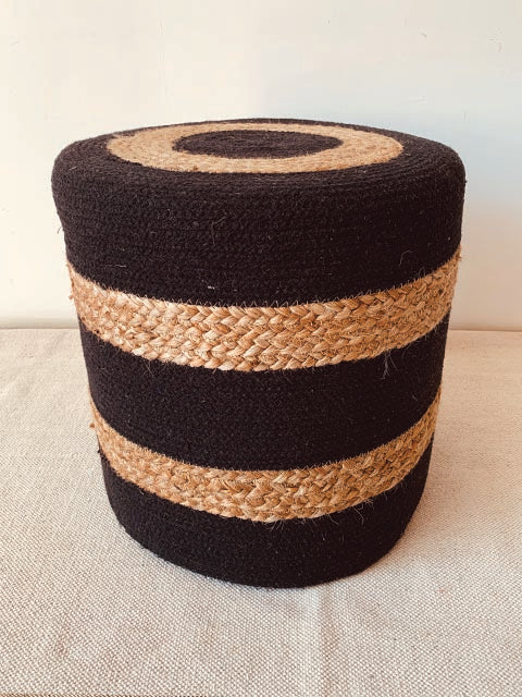 Black jute stripe design round pouffe