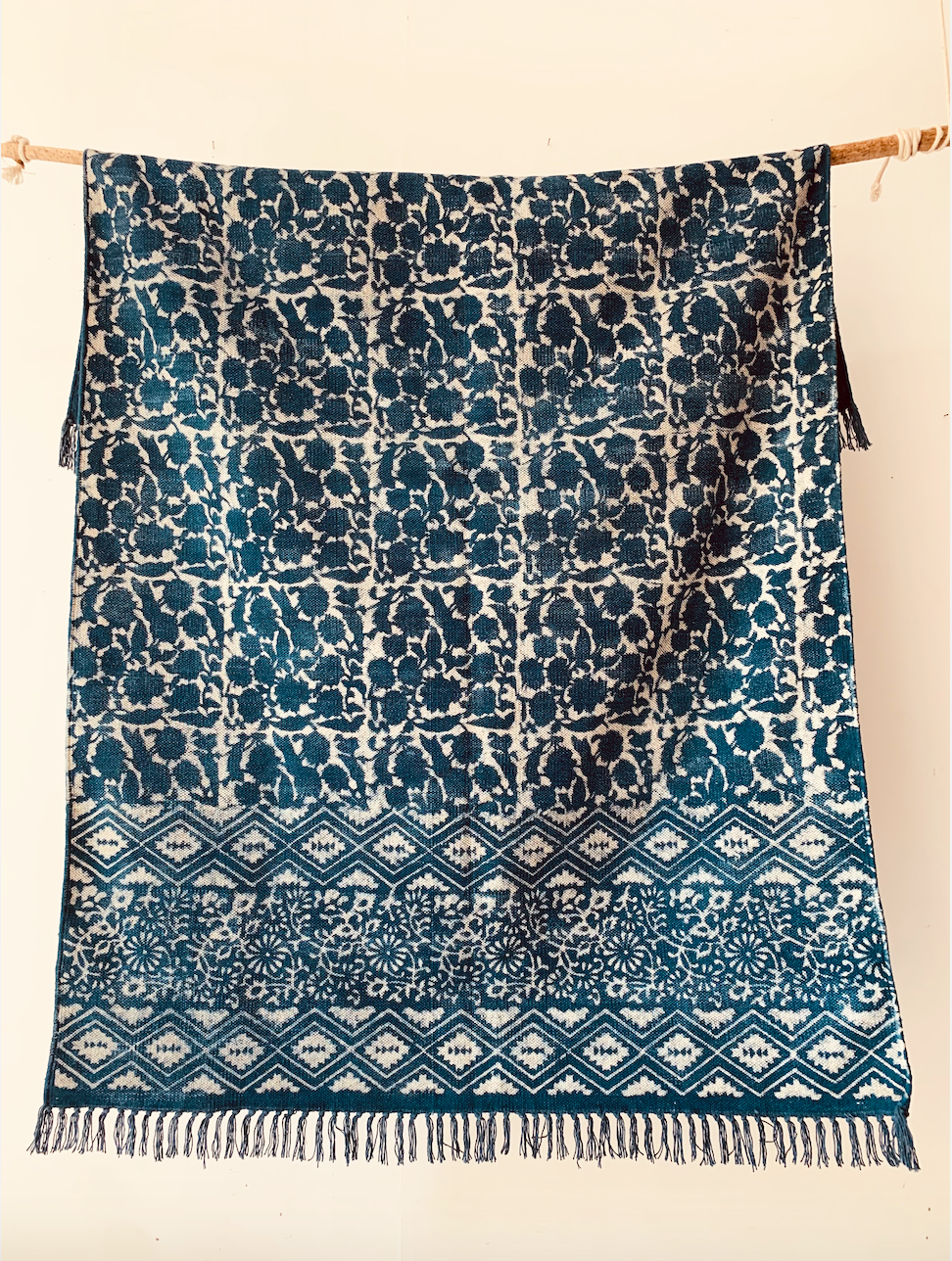 Floral print with border indigo Cotton rug 4x6 ft/120*180 cm