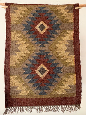 Multicolor rug with rust border wool jute rug 2x3 ft/60*90 cm