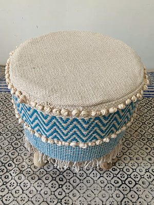 Blue Chevron Tassled textured Moroccon stool set of 2