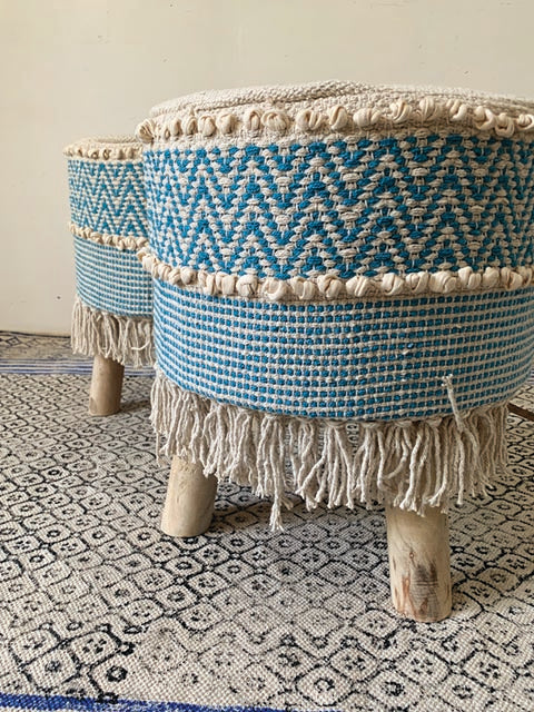 Blue Chevron Tassled textured Moroccon stool set of 2