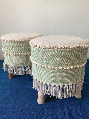 Mint Chevron Tassled textured Moroccon stool- set of 2
