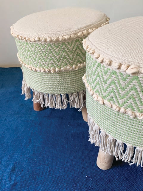 Mint Chevron Tassled textured Moroccon stool- set of 2