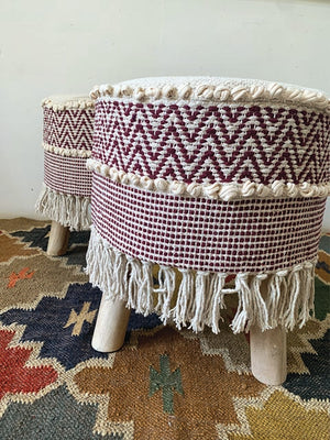 SET  of 2 - Maroon Chevron Tassled textured Moroccon stool