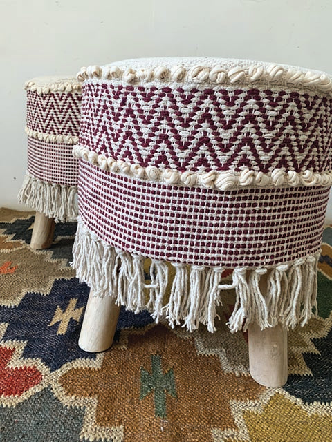SET  of 2 - Maroon Chevron Tassled textured Moroccon stool