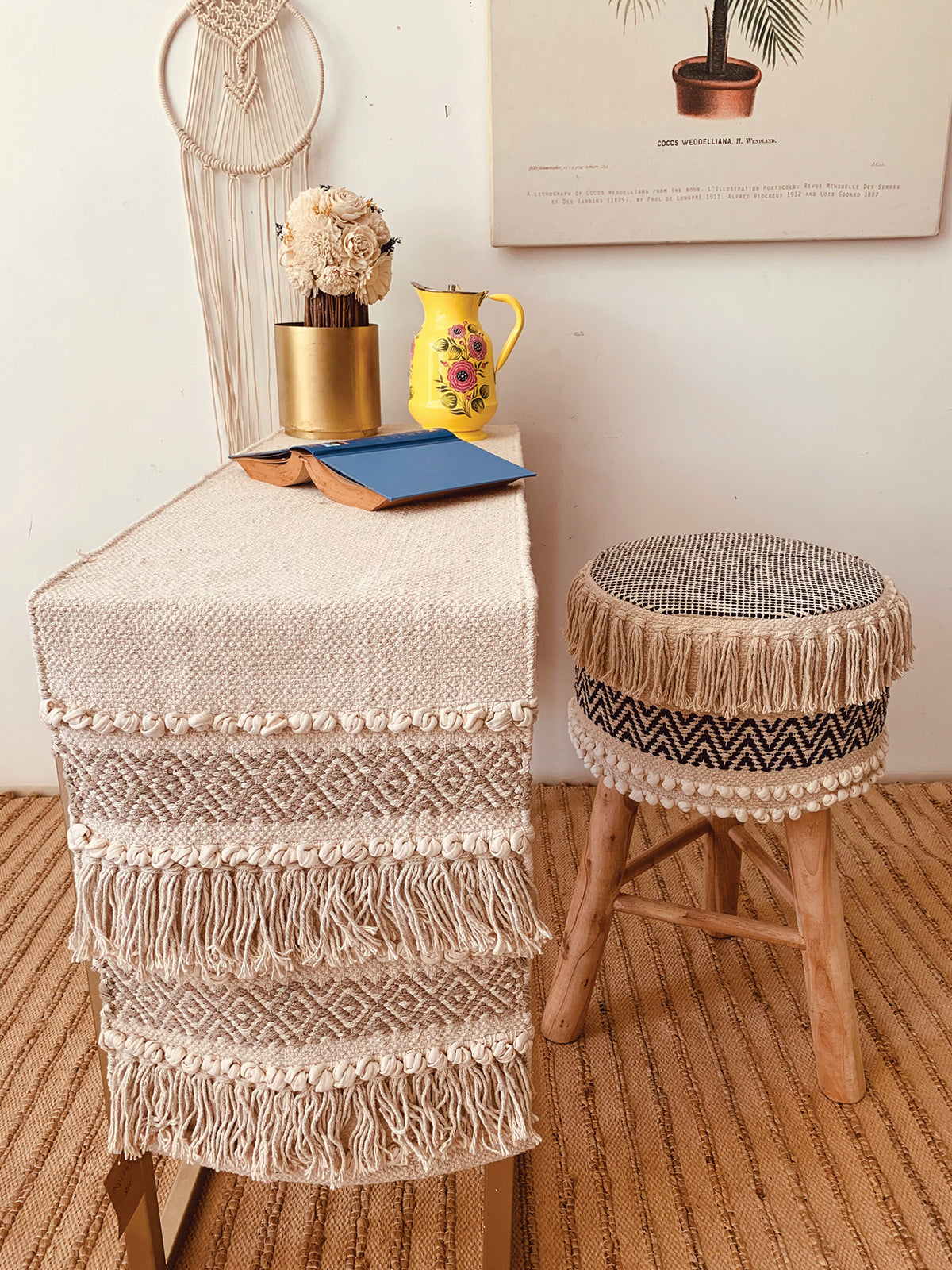 Ecru textured tassled Moroccon bar stool