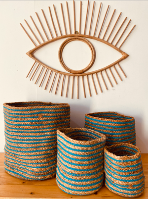 Hand-braided jute& blue stripe pattern planter set of 4