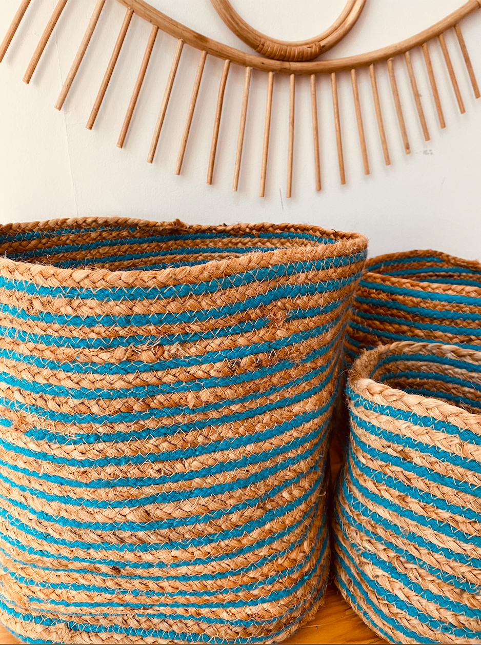 Hand-braided jute& blue stripe pattern planter set of 4