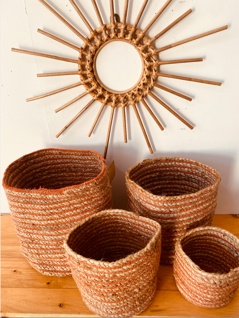 Hand-braided jute & orange stripe pattern planter set of 4
