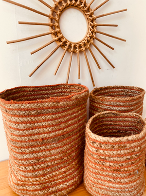 Hand-braided jute & orange stripe pattern planter set of 4