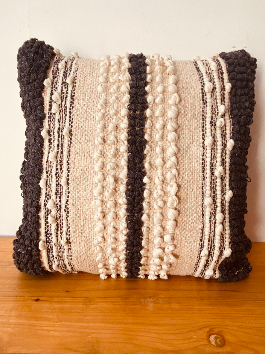 Stripe black white ecru loop and bobbles cushion cover  45*45