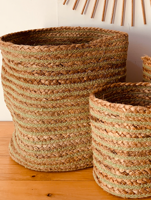 Hand-braided jute & green stripe pattern planter set of 4