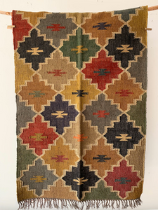Multicolor Diamond motif wool jute rug 3x5 feet / 90*150 cm