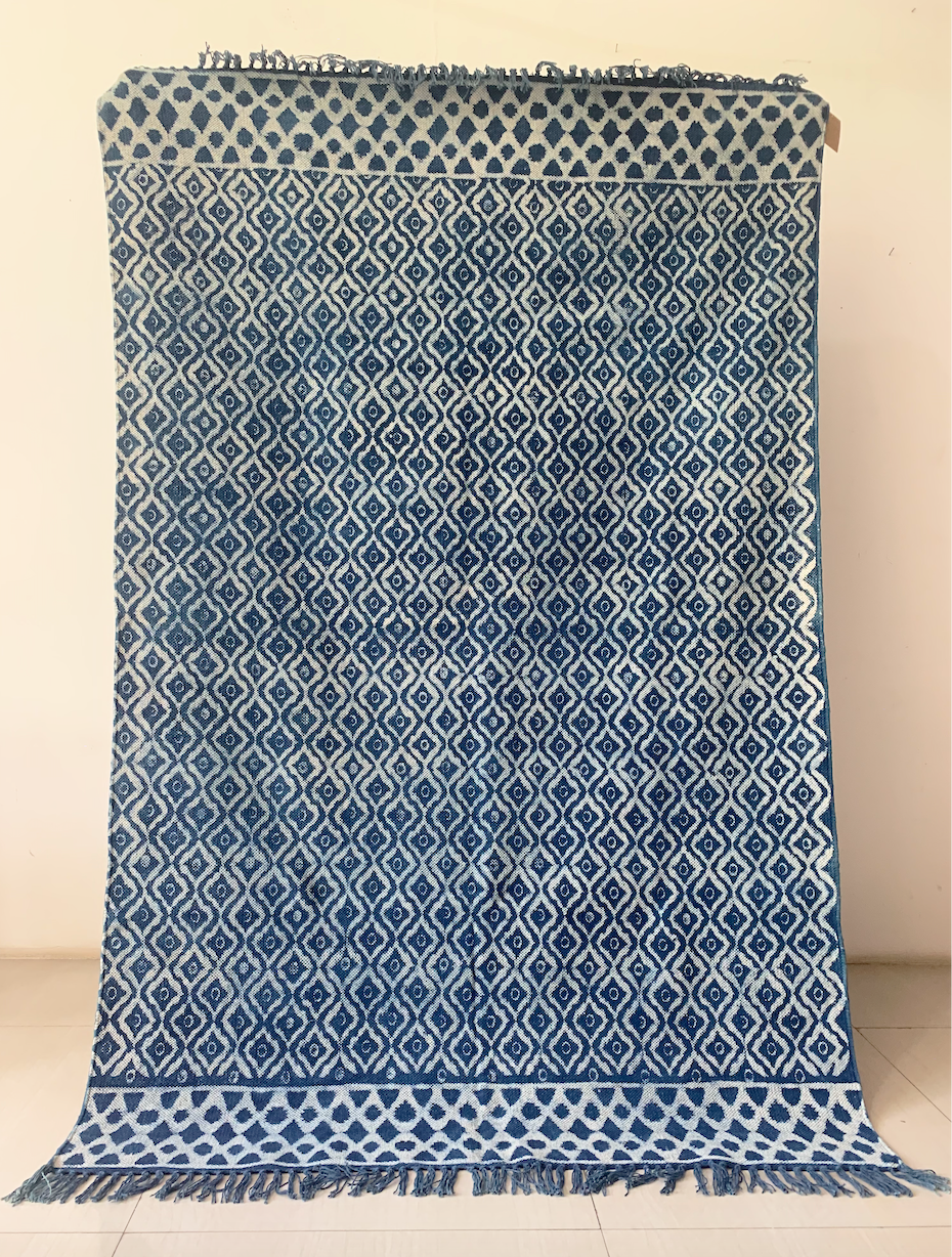Trellis patterned with border Indigo Cotton rug 4*6 ft/120*180 cm