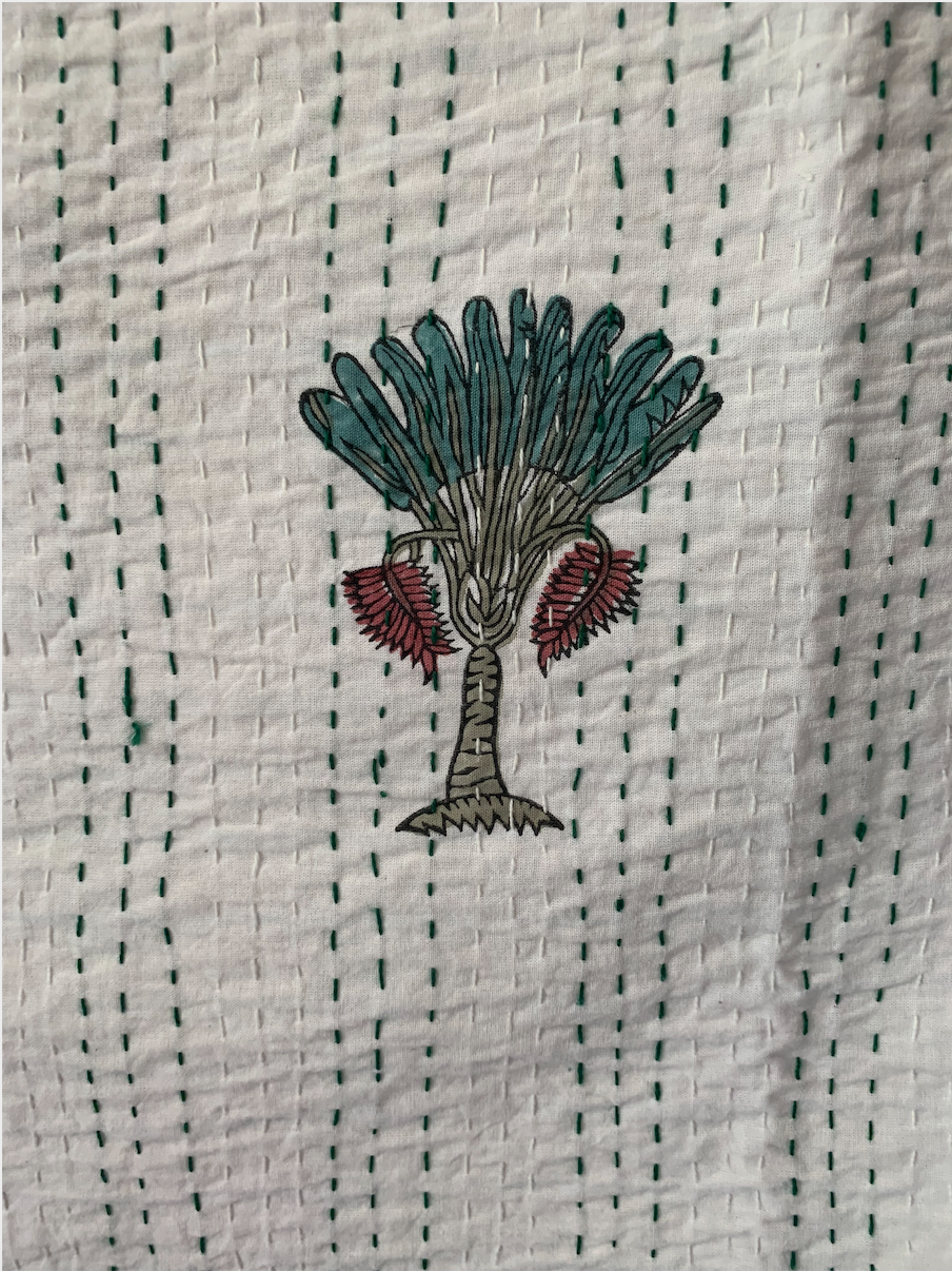 Palm trees with stripe border print Dohar with kantha Stitches