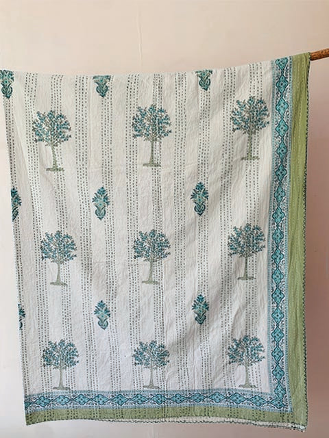 Trees block print with contrast  border print Dohar with kantha Stitches