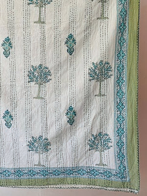 Trees block print with contrast  border print Dohar with kantha Stitches